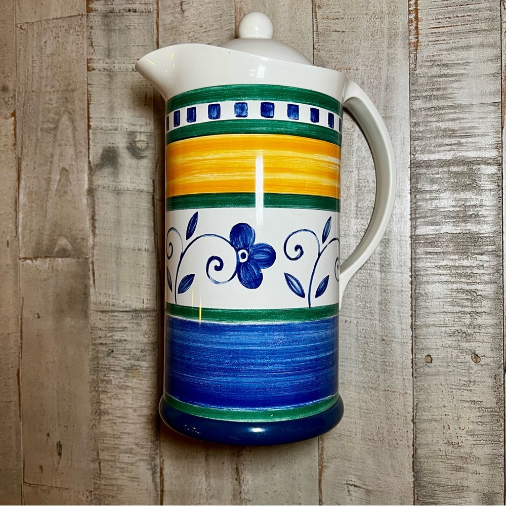 Mikasa Vintage Firenze Thermal Pitcher Insulated Carafe‎ Floral Striped Blue